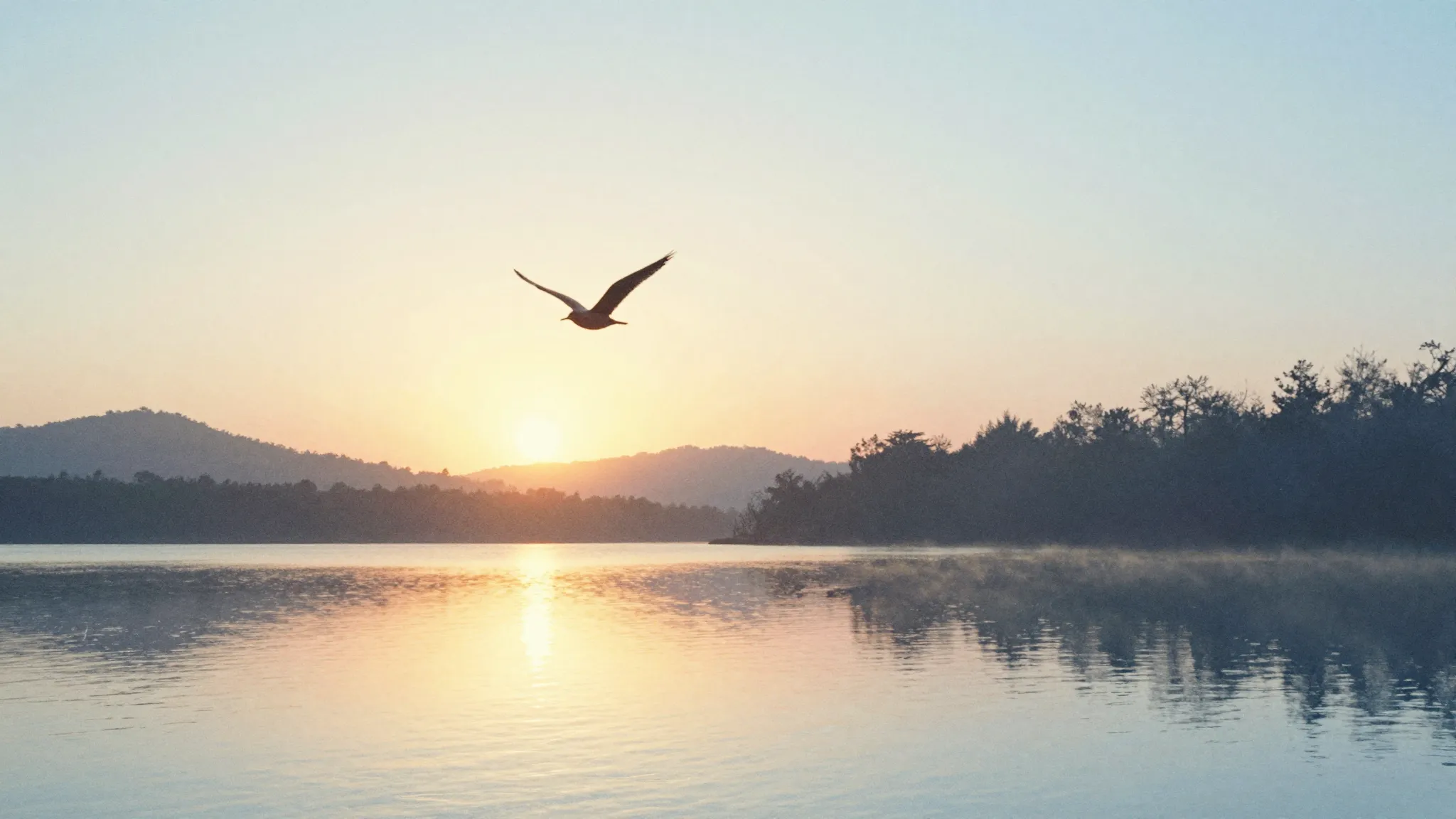 Watercolor style. A warm glowing sun over a calm lake, silho...