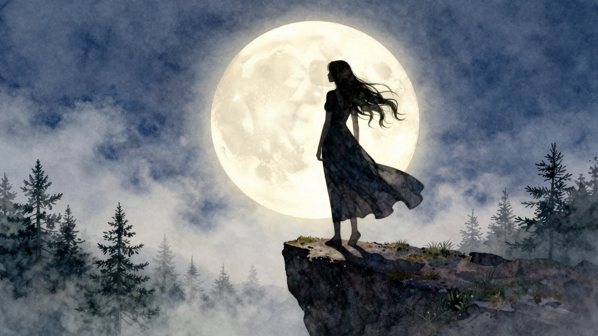 Watercolor style. A dark silhouette of a woman with long flo...