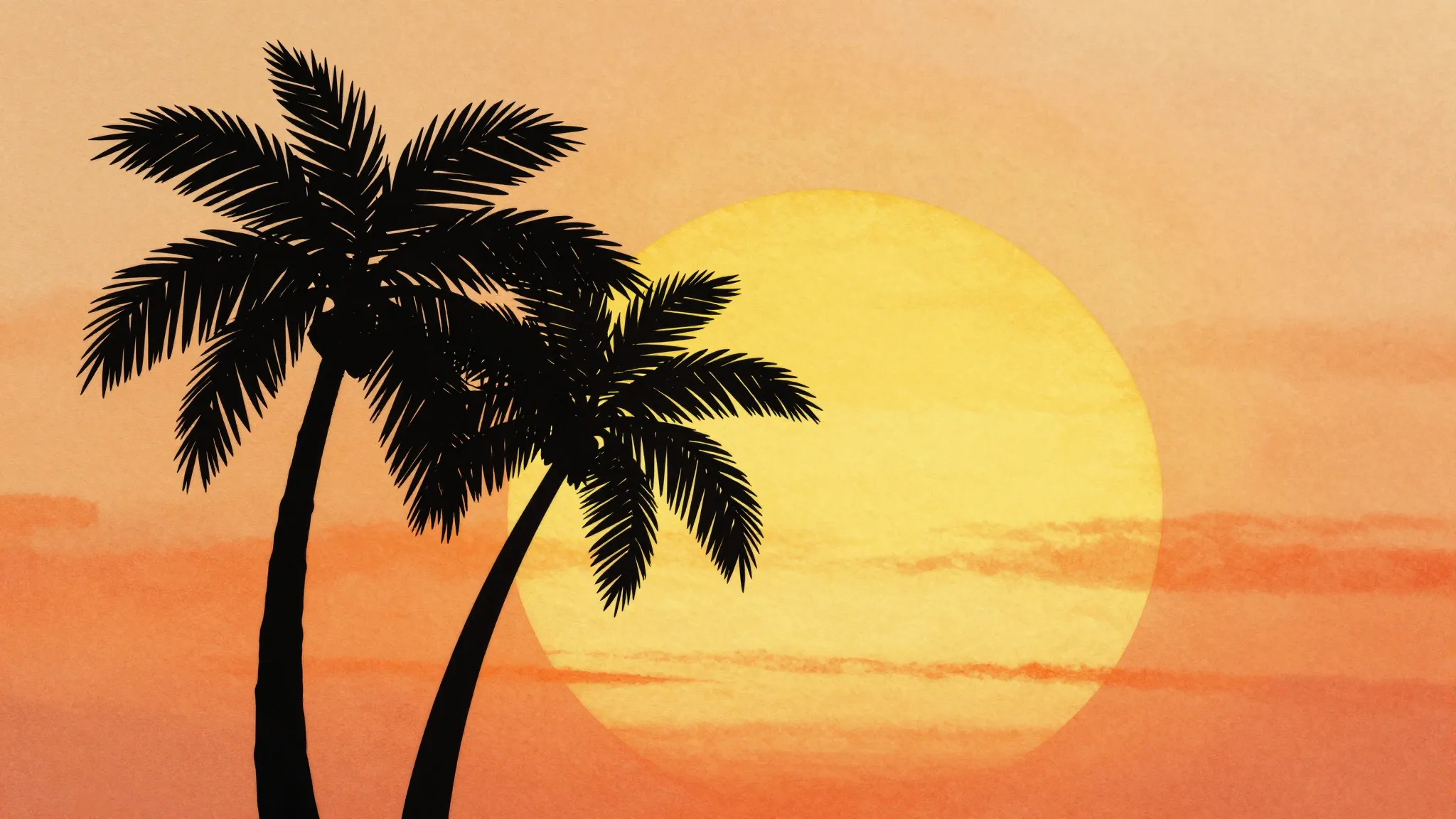 Watercolor style. A silhouette of a palm tree against a mass...