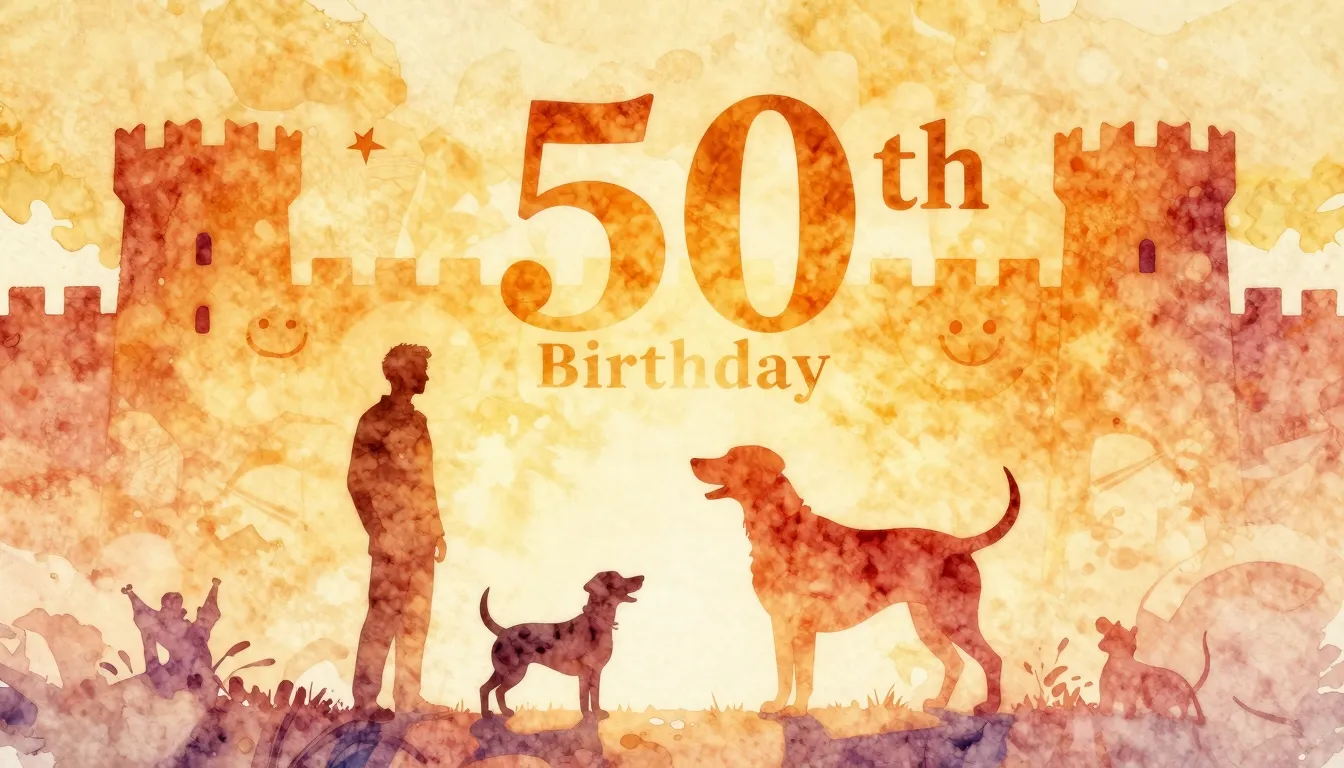 Vibrant watercolor style. A 50th birthday celebration, warm ...