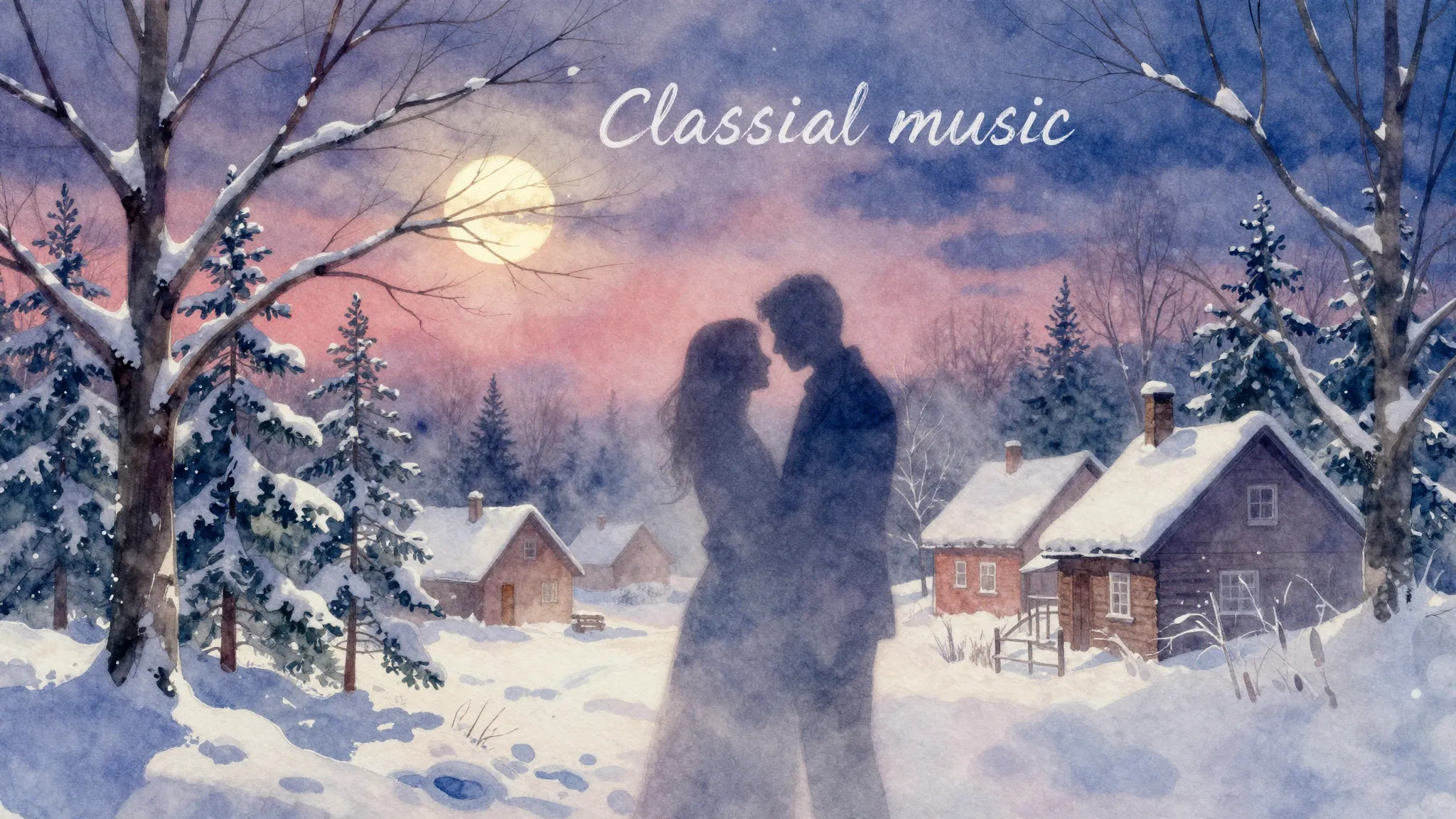 Vibrant watercolor style. "Classical music album cover. Wint...