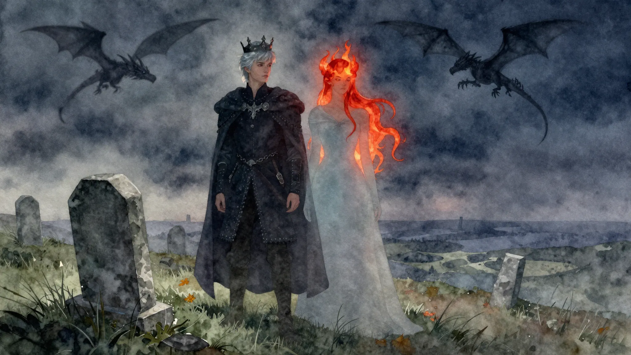 Watercolor style. A young king with silver hair, silhouette ...