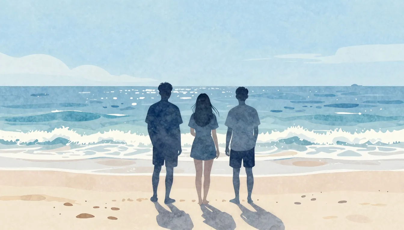 Watercolor style. Silhouettes of three friends standing on a...