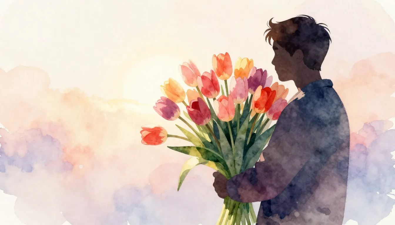 Watercolor style. Silhouette of a man holding a large bouque...