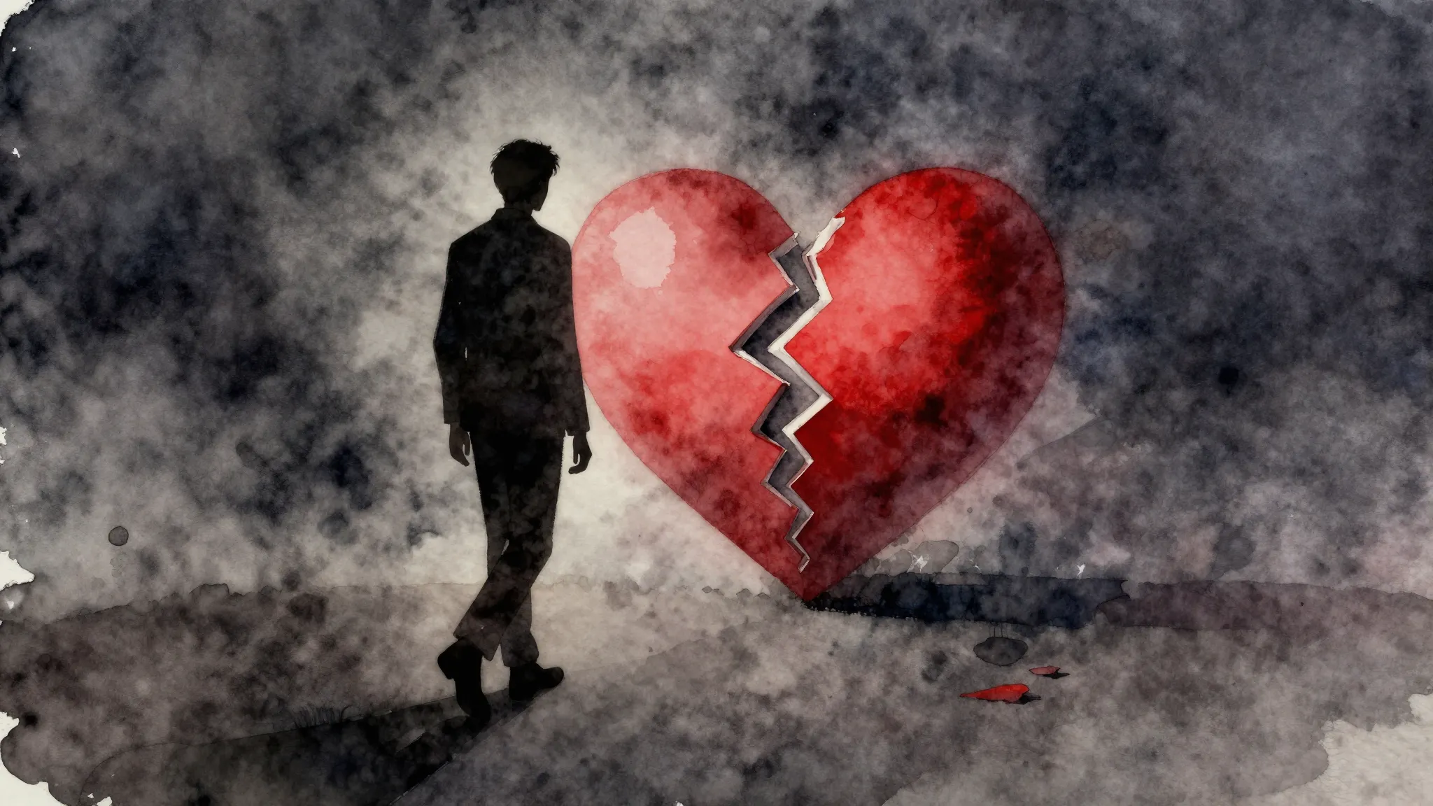 Watercolor style. A silhouette of a person walking away from...