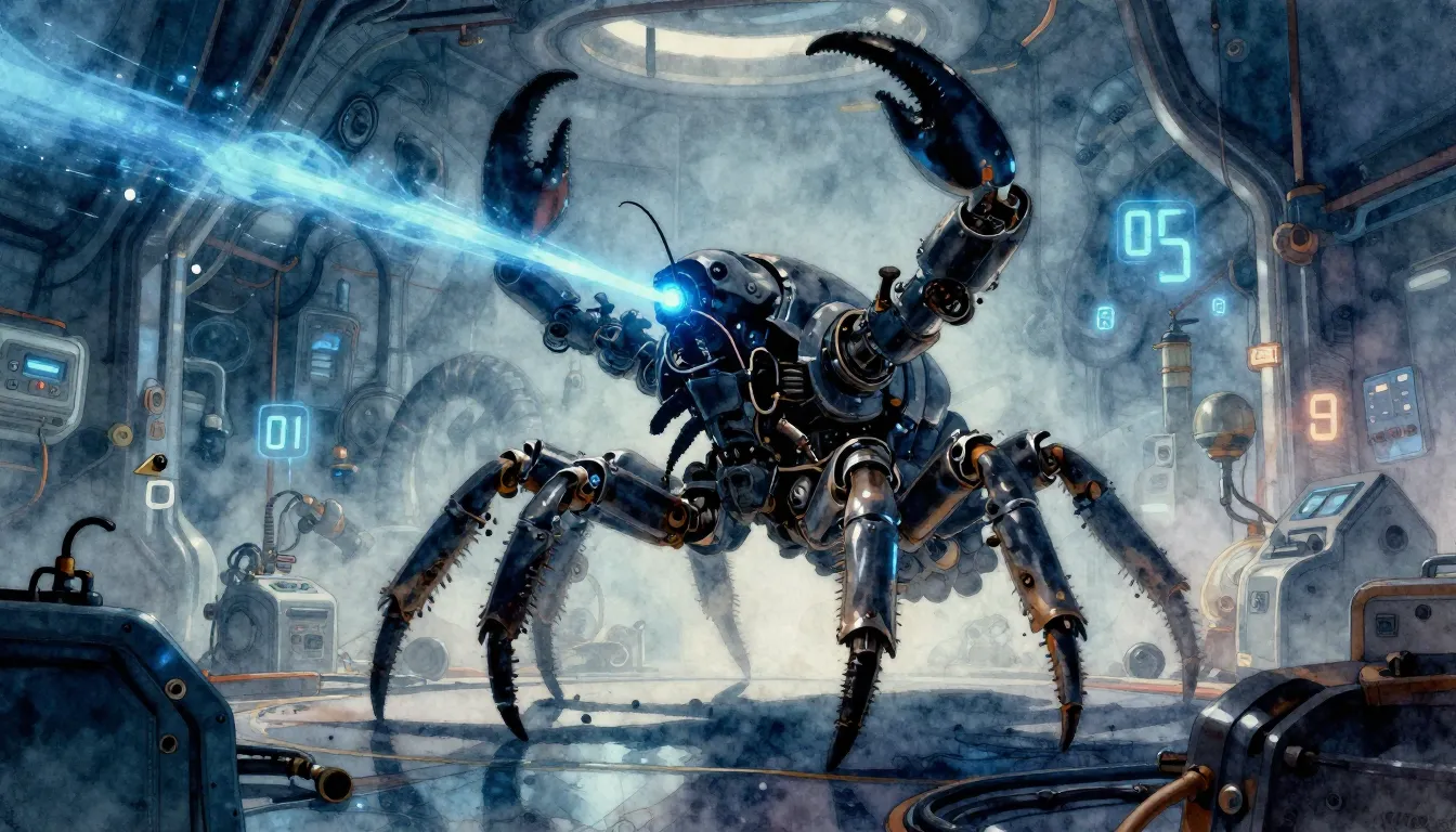 Watercolor style. Cinematic silhouette of a giant mechanical...