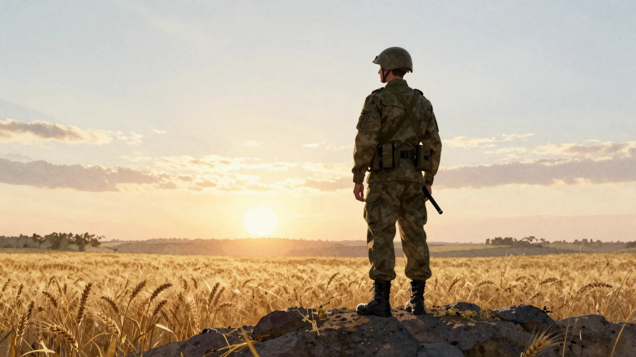 Watercolor style. A silhouette of a soldier stands on a hill...