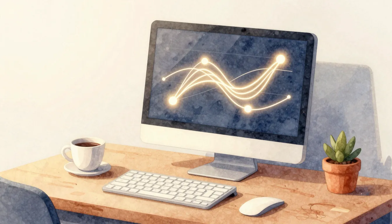 Watercolor style. A cozy workspace with a glowing computer s...