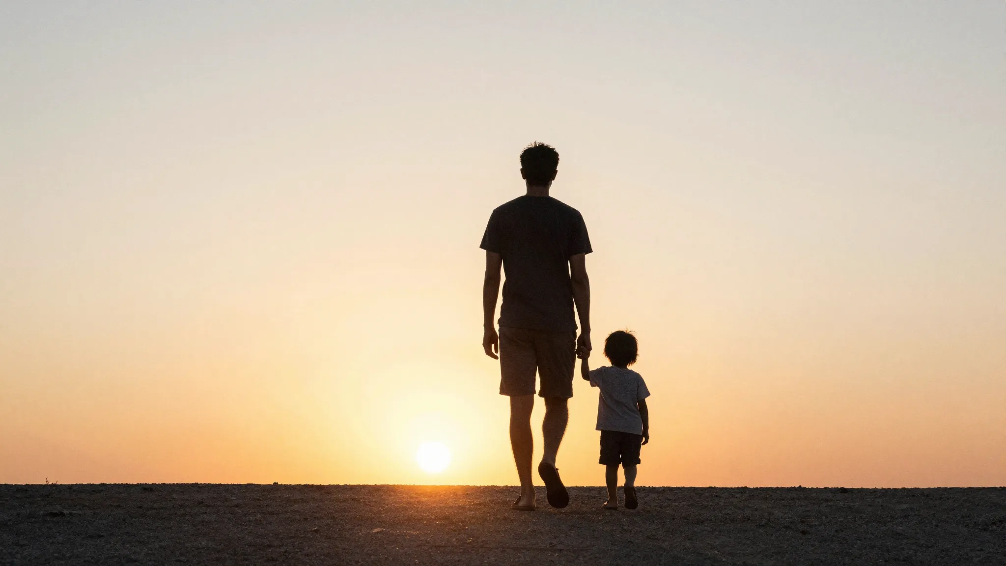 Watercolor style. Silhouette of a tall man and a small boy w...