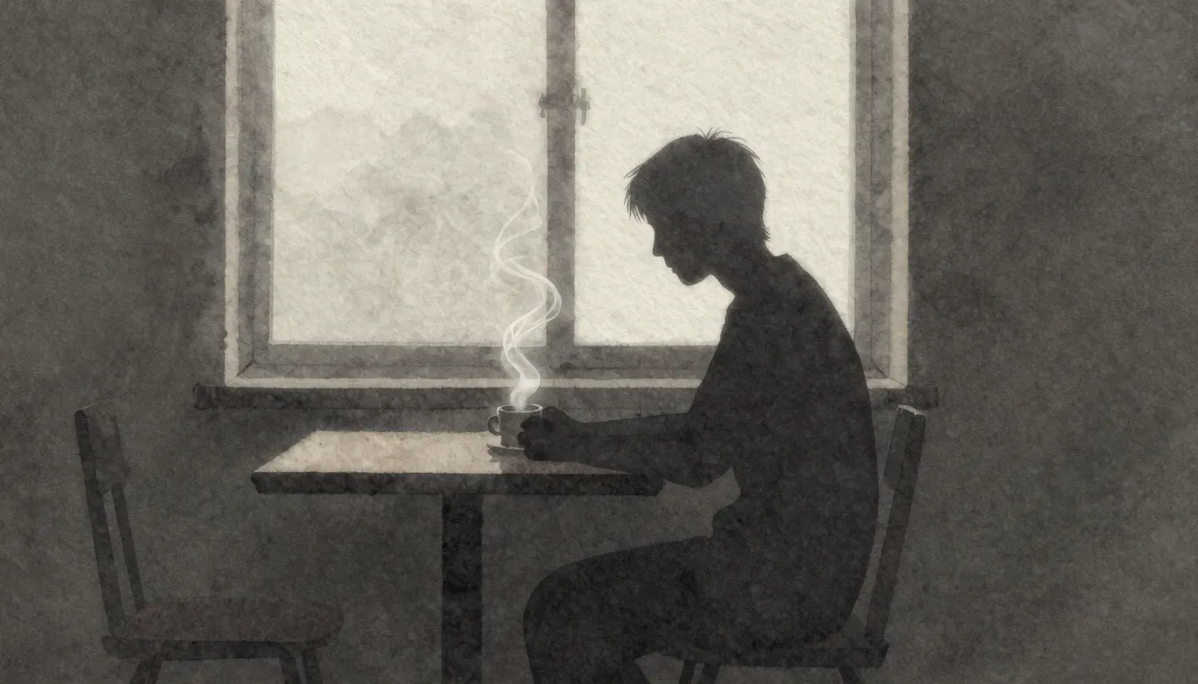 Watercolor style. A silhouette of a person sitting at a smal...