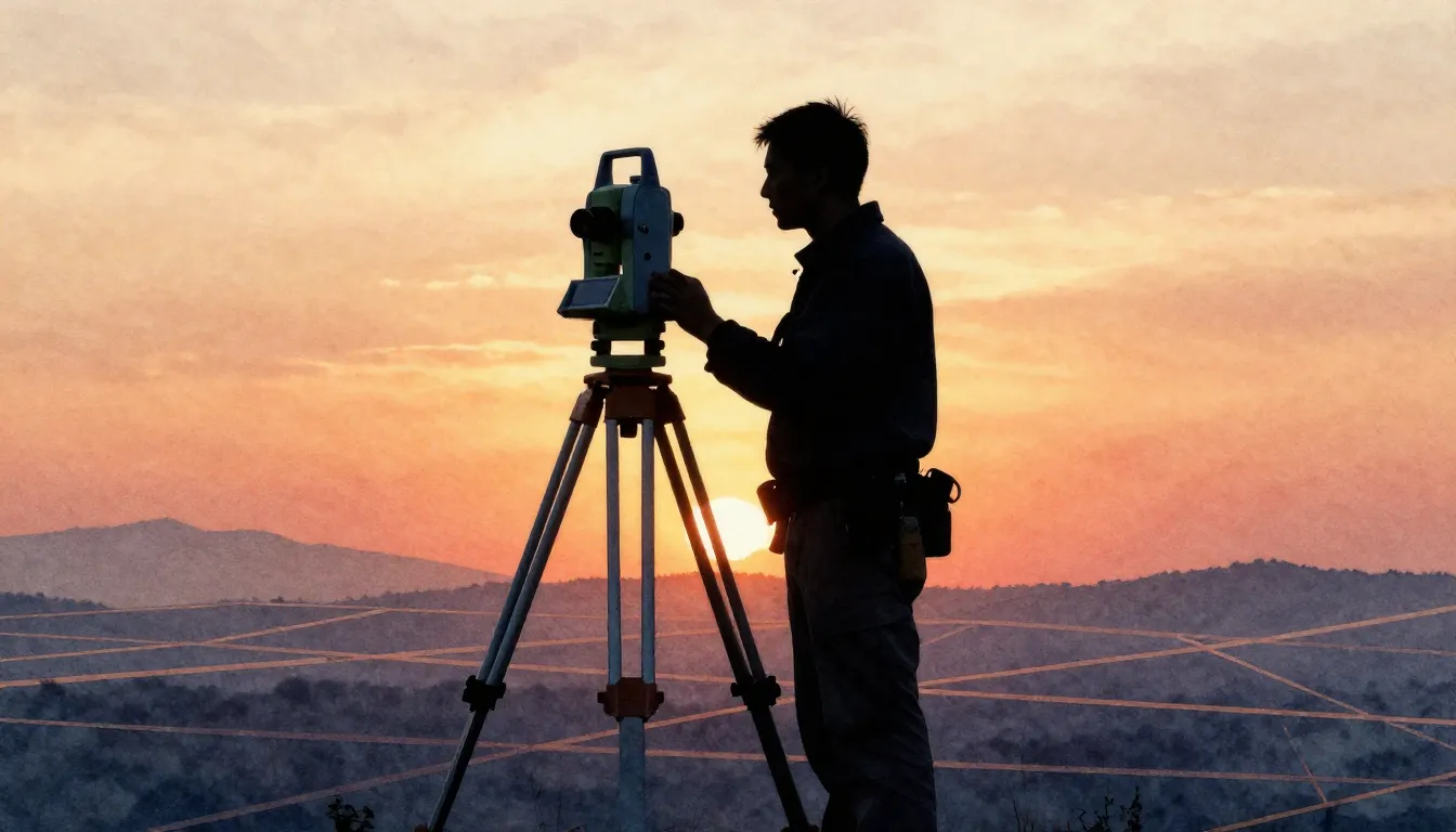 Watercolor style. Silhouette of a surveyor standing next to ...