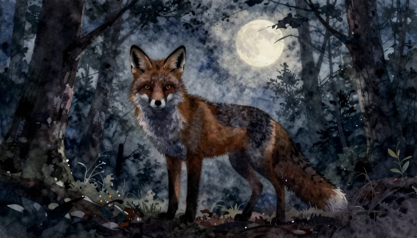 Watercolor style. Silhouette of a wild fox standing proudly ...