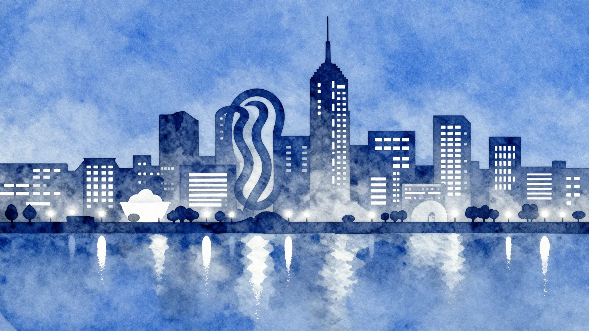 Watercolor style. A stylized silhouette of a modern city sky...