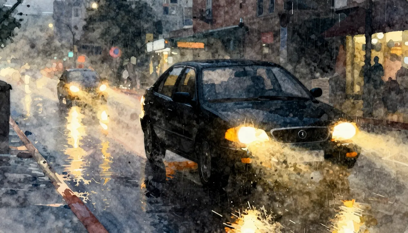 Watercolor style. A silhouette of a car driving through a ra...