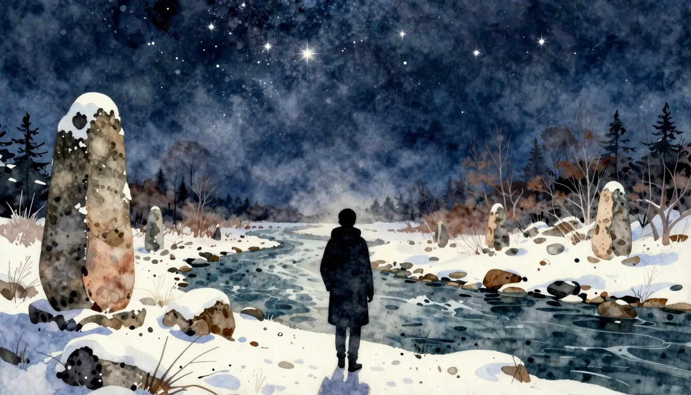 Watercolor style. Silhouette of a person standing by a river...