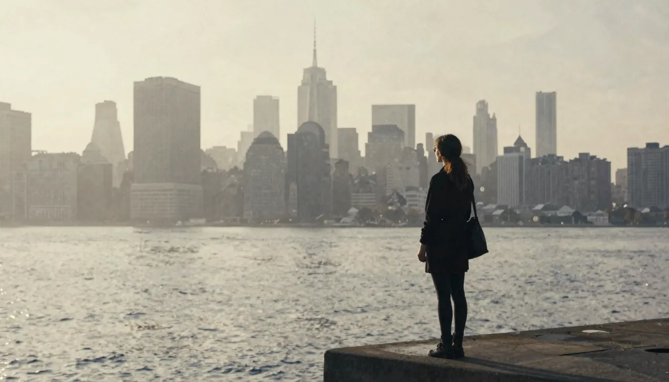 Watercolor style. A silhouette of a woman stands on a pier l...