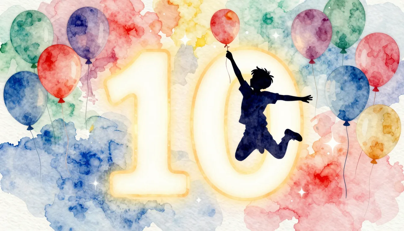 Watercolor style. A silhouette of a joyful boy jumping high ...