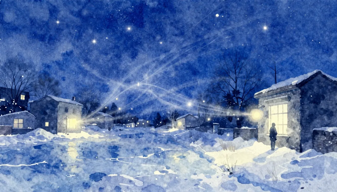 Vibrant watercolor style. A snowy winter night in a quiet ci...