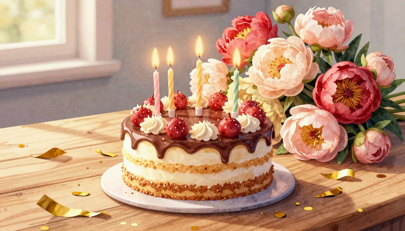 Watercolor style. A beautiful composition of a birthday cake...