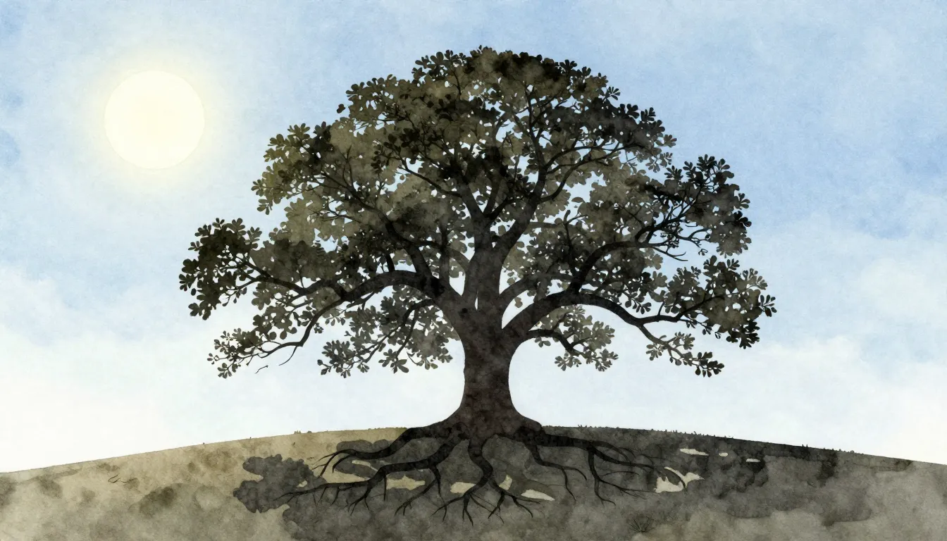 Watercolor style. A silhouette of a large, sturdy oak tree s...