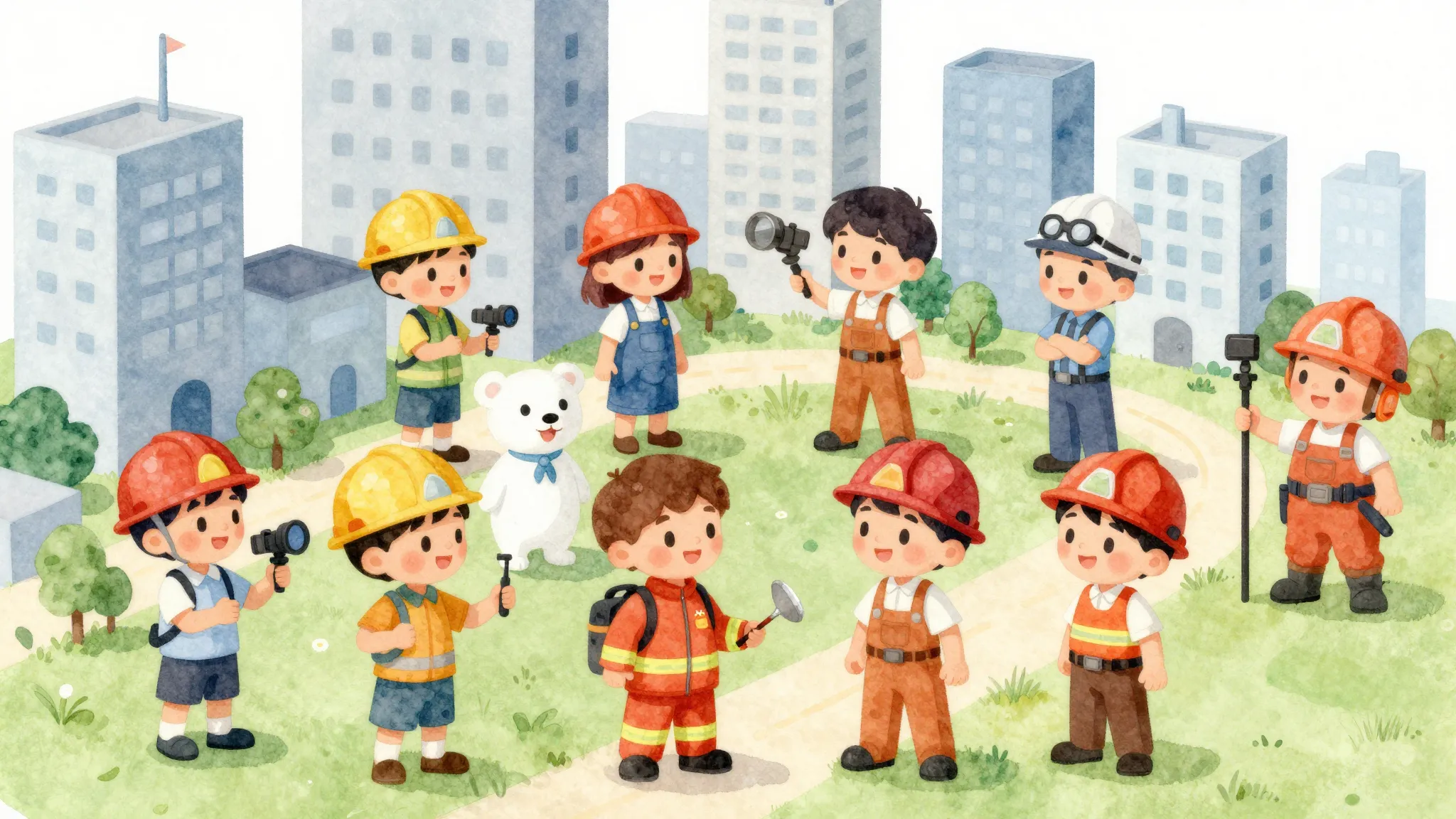 Watercolor style. A cheerful group of kids exploring a minia...