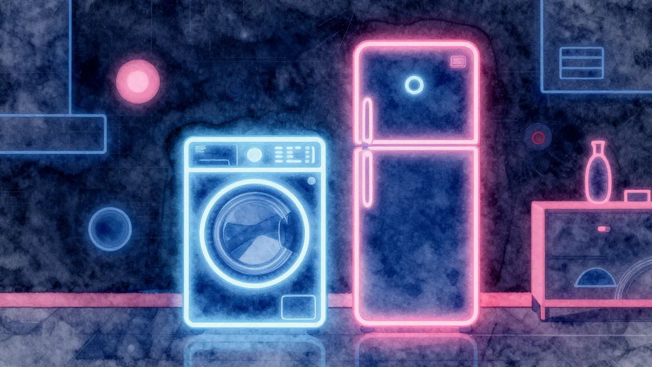 Watercolor style. Neon silhouette of a washing machine and a...