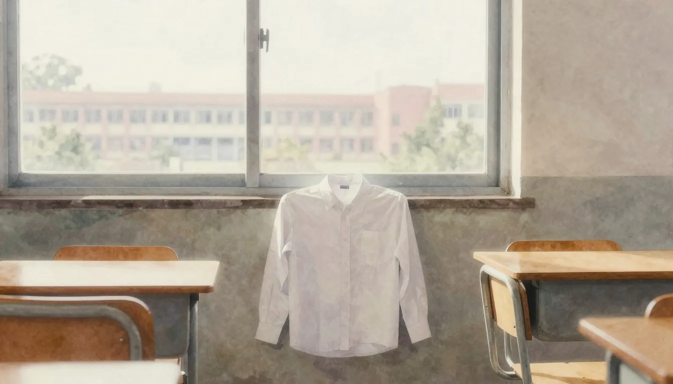 Watercolor style. Minimalist classroom interior, a single wh...