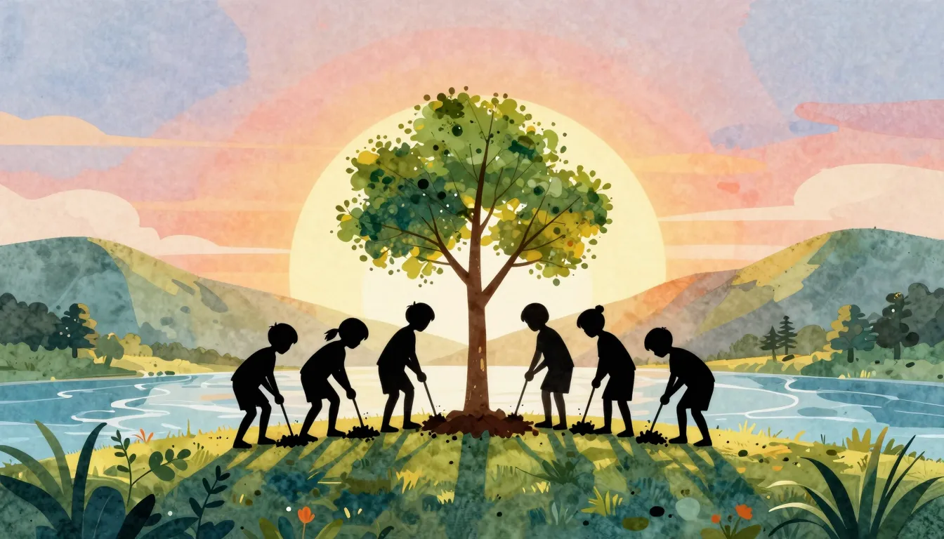 Watercolor style. A silhouette of a group of children planti...