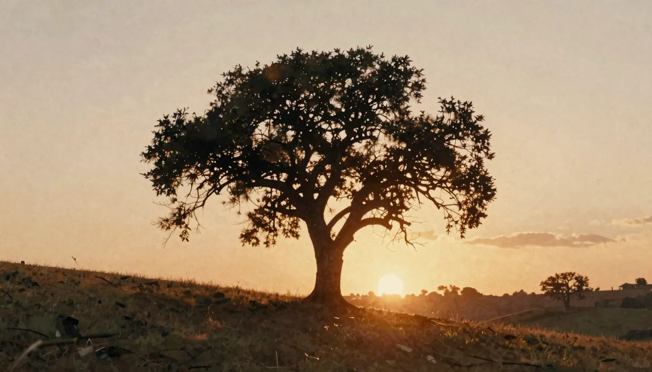 Watercolor style. A silhouette of an old tree on a hill duri...