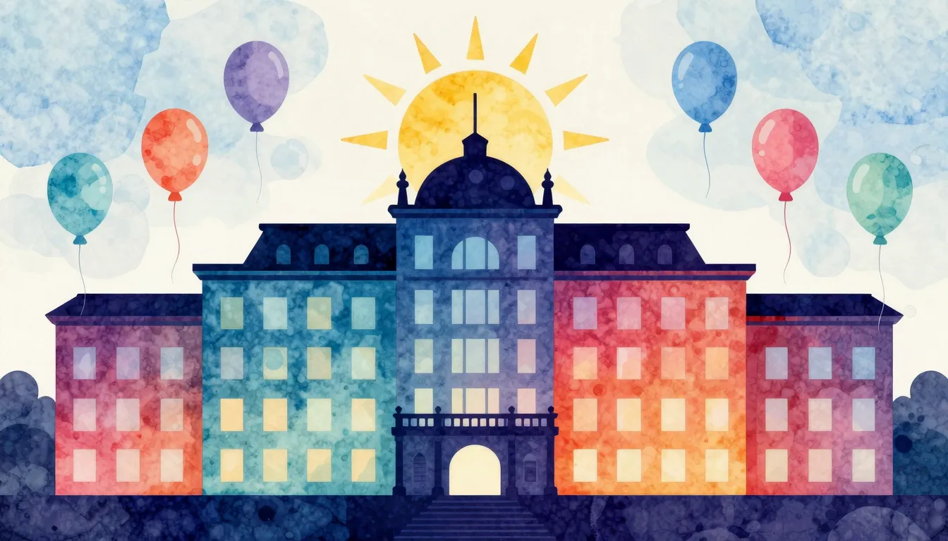 Watercolor style. Silhouette of a large colorful building wi...