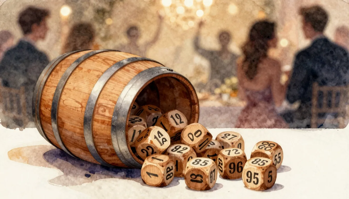 Watercolor style. A festive bag with wooden lotto barrels sp...