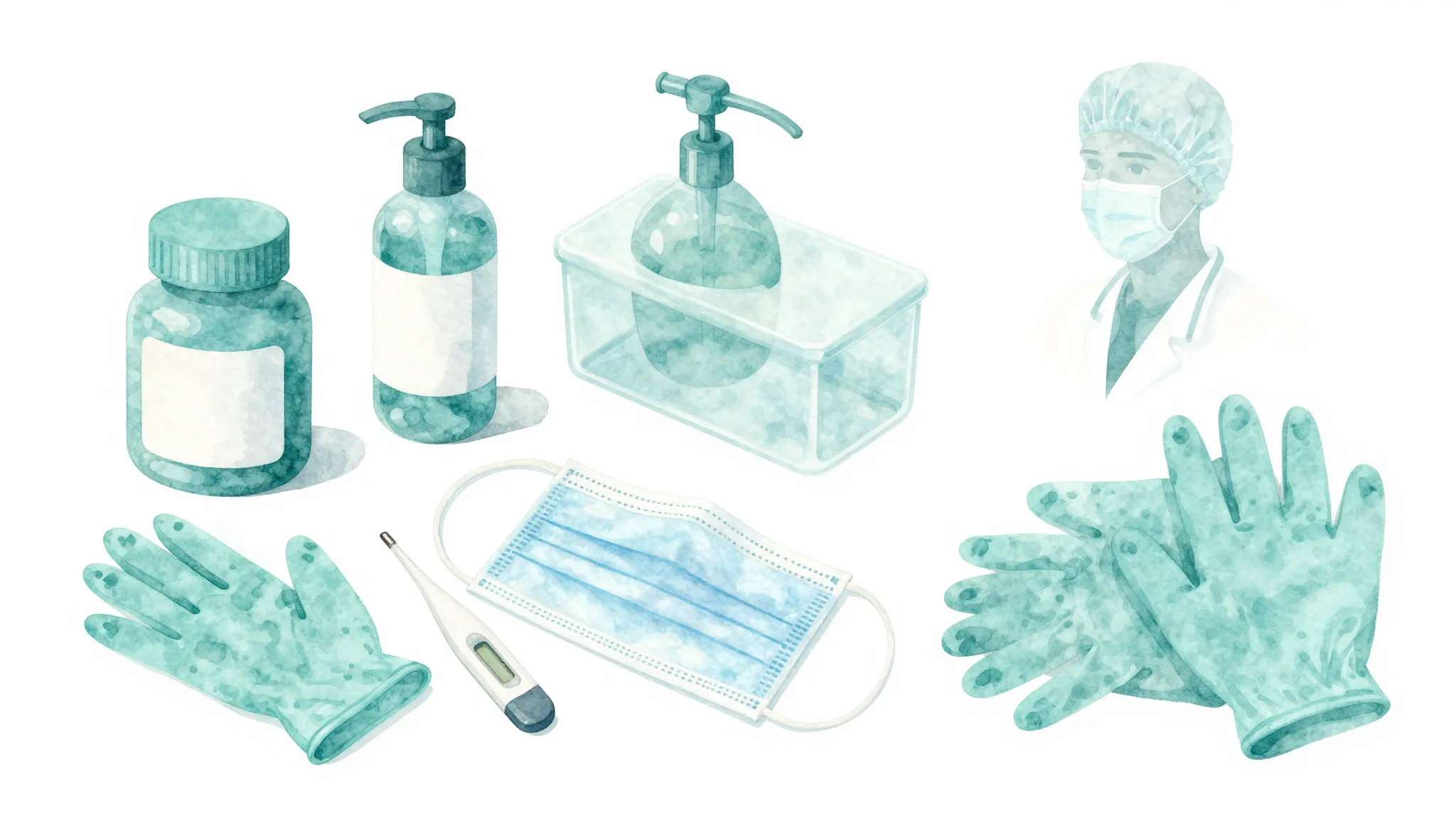 Watercolor style. A collection of medical consumables, glove...