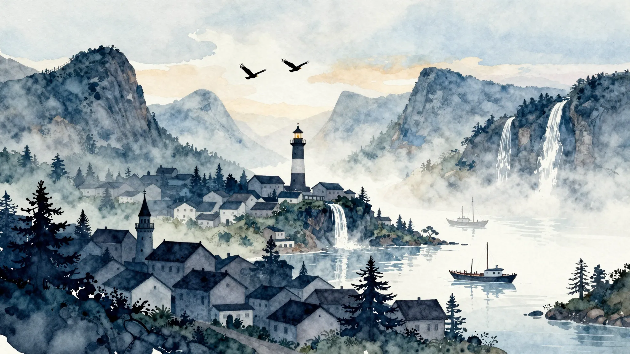 Watercolor style. Silhouette of a small town surrounded by m...