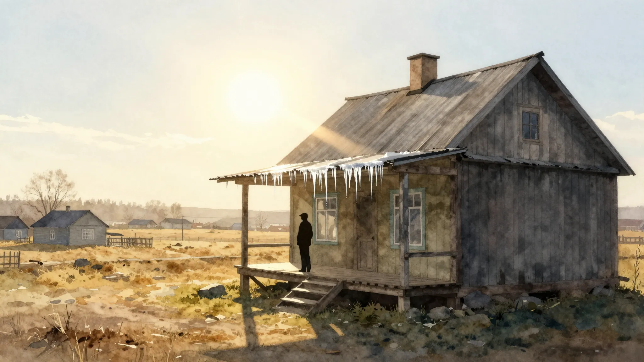 Watercolor style. A silhouette of a person standing on a woo...