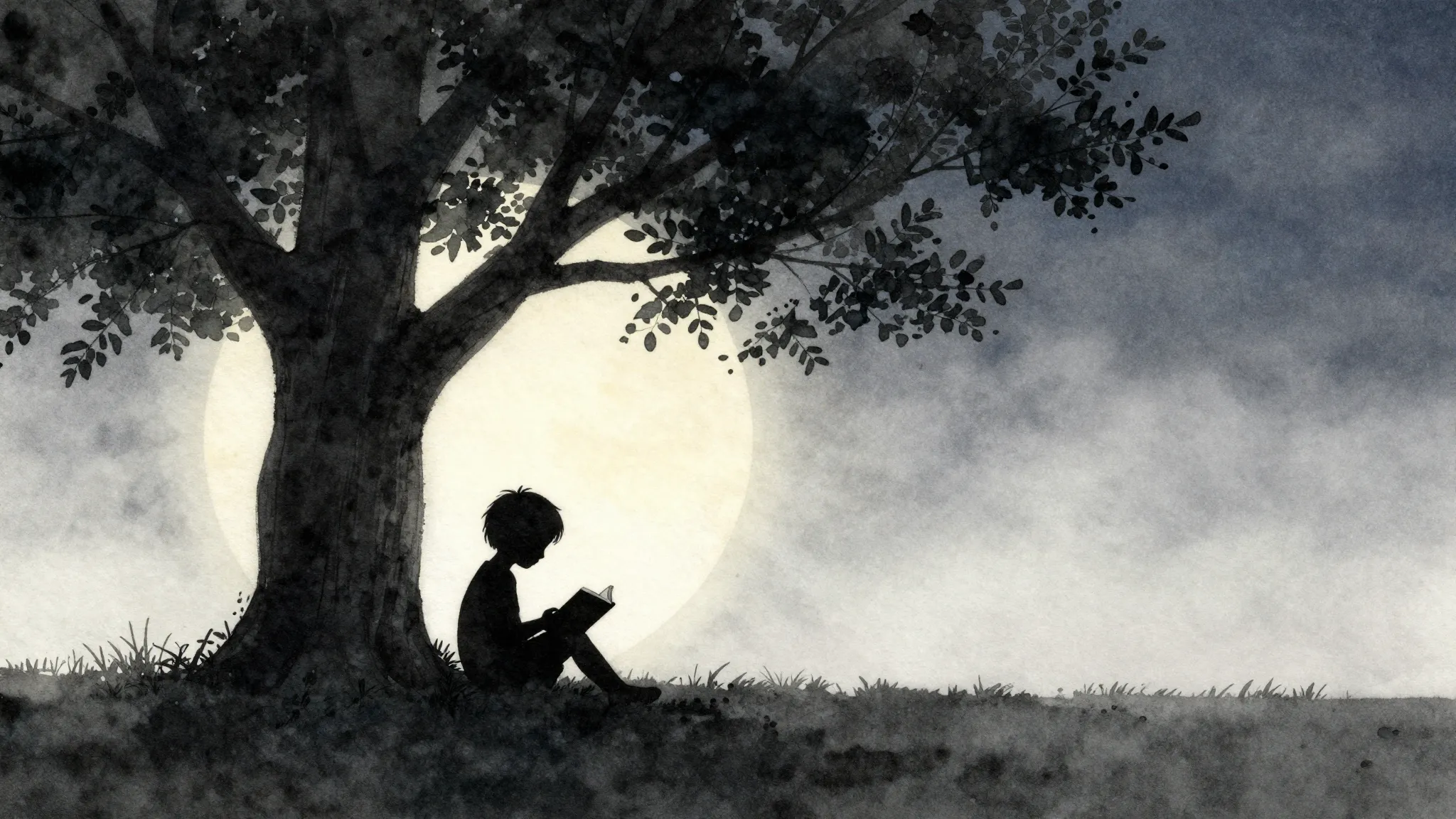 Watercolor style. Silhouette of a small child sitting under ...