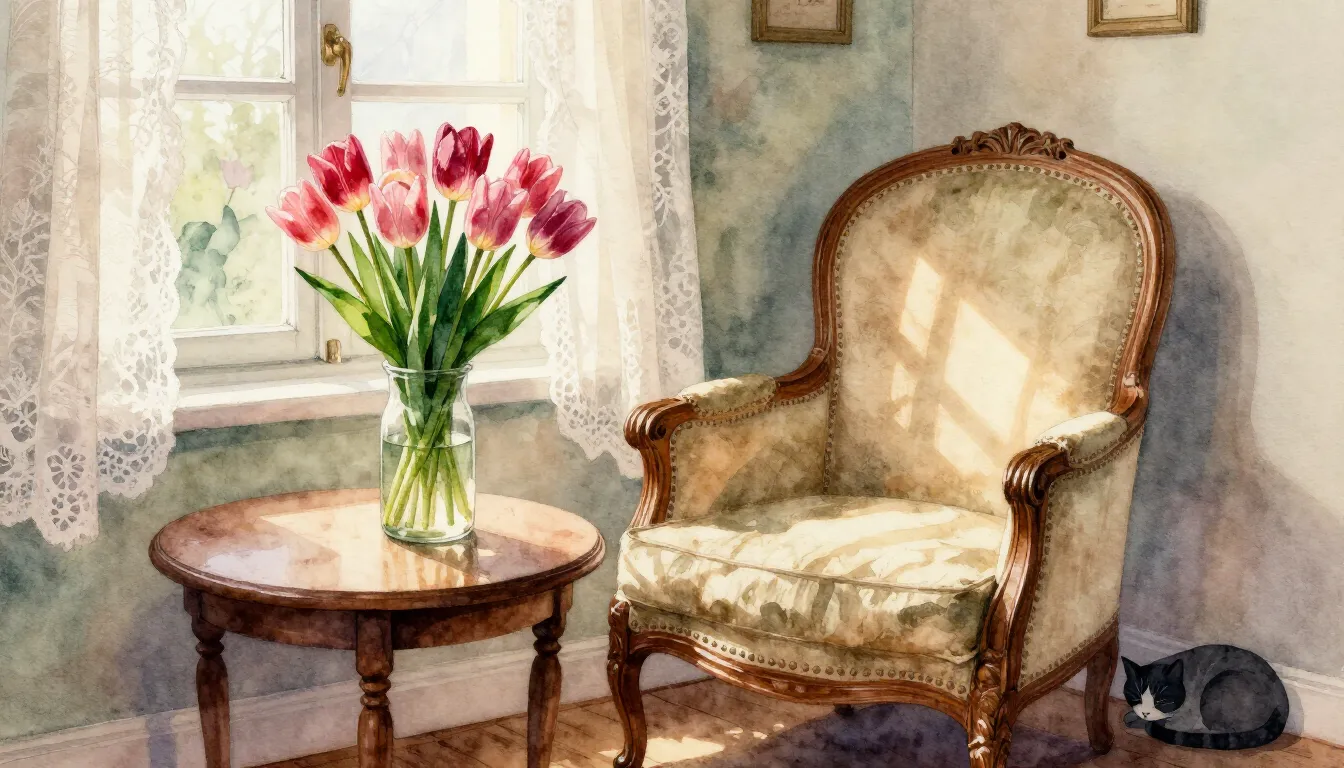Watercolor style. A cozy room with an old armchair, a bouque...