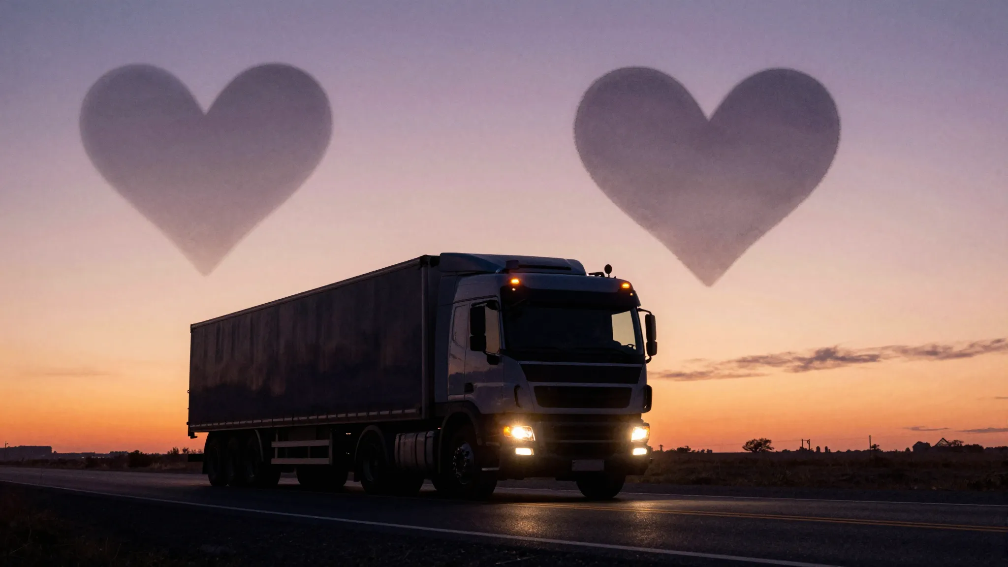 Watercolor style. Silhouette of a large truck driving on a l...