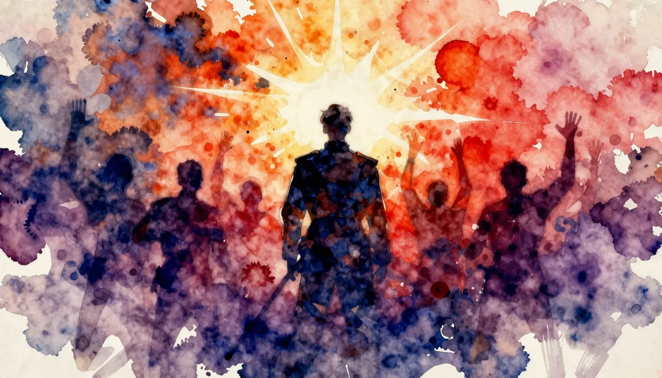 Vibrant watercolor style. Rock opera album cover: abstract, ...