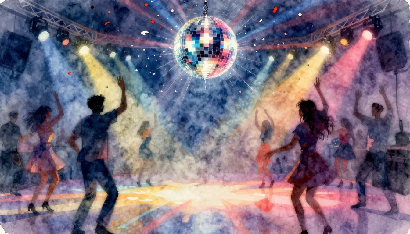 Watercolor style. A vibrant disco dance floor with a sparkli...
