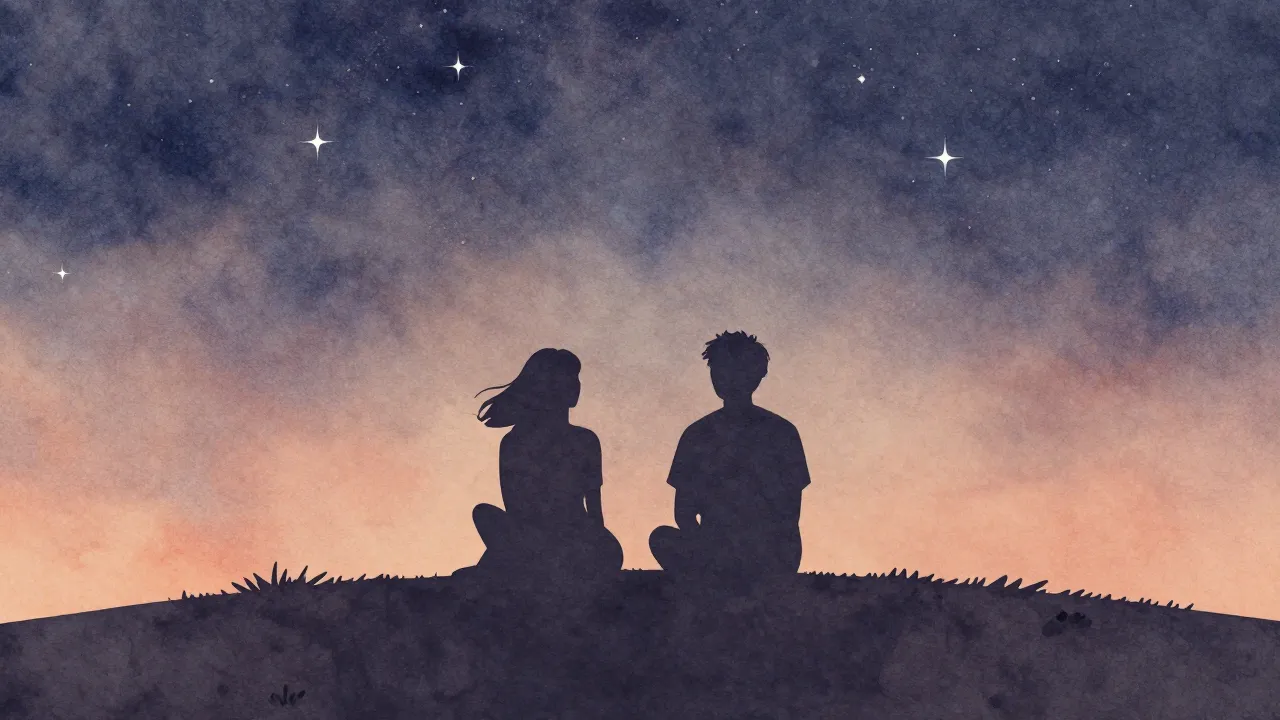 Watercolor style. Silhouettes of two lifelong friends sittin...