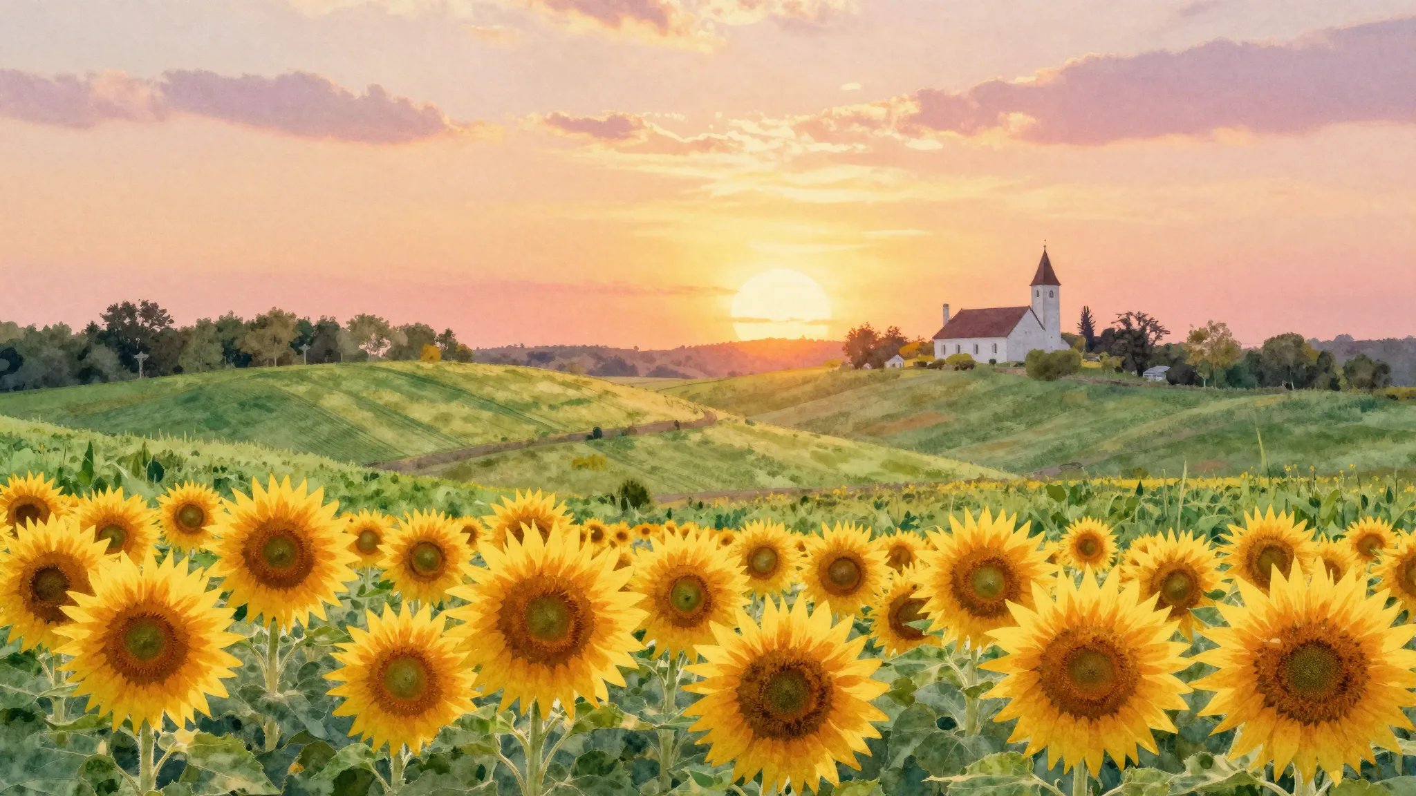 Vibrant watercolor style. Folk song album cover, rural lands...