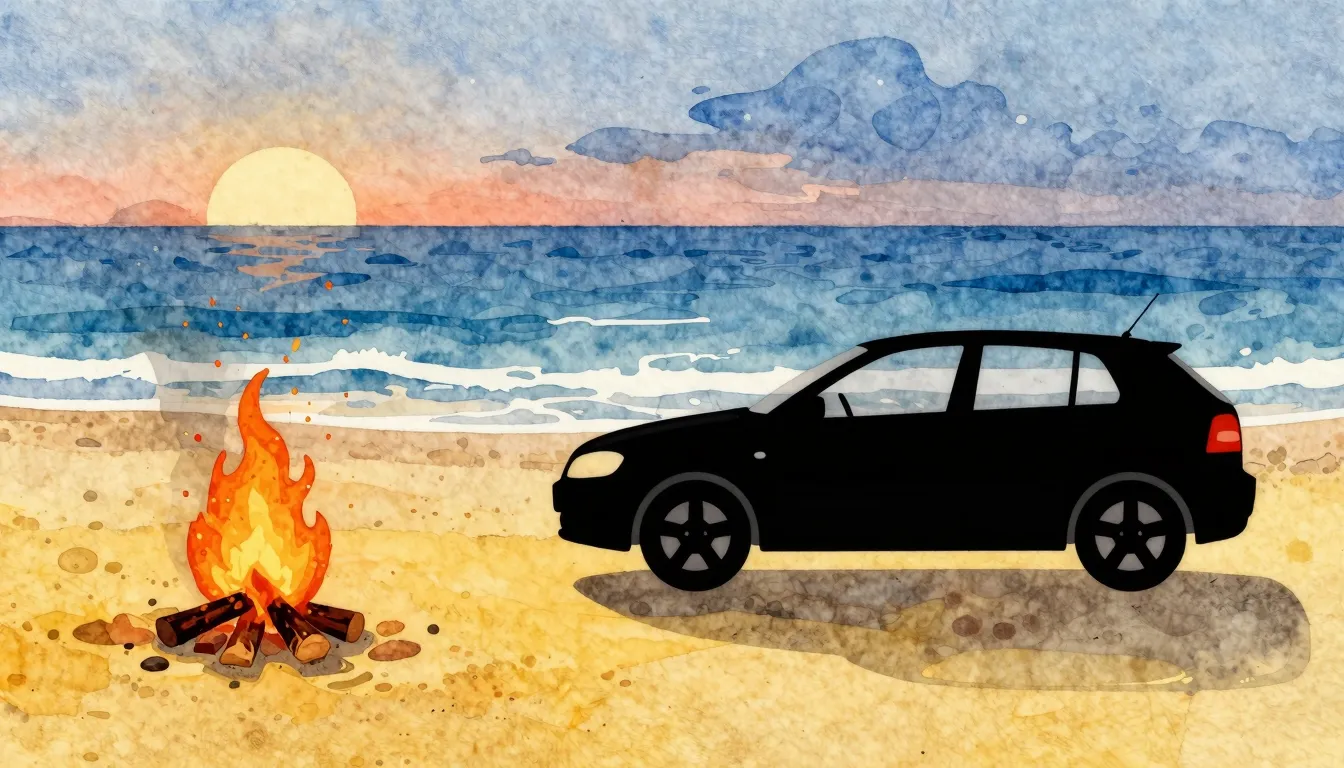 Watercolor style. A silhouette of a car parked on a yellow s...