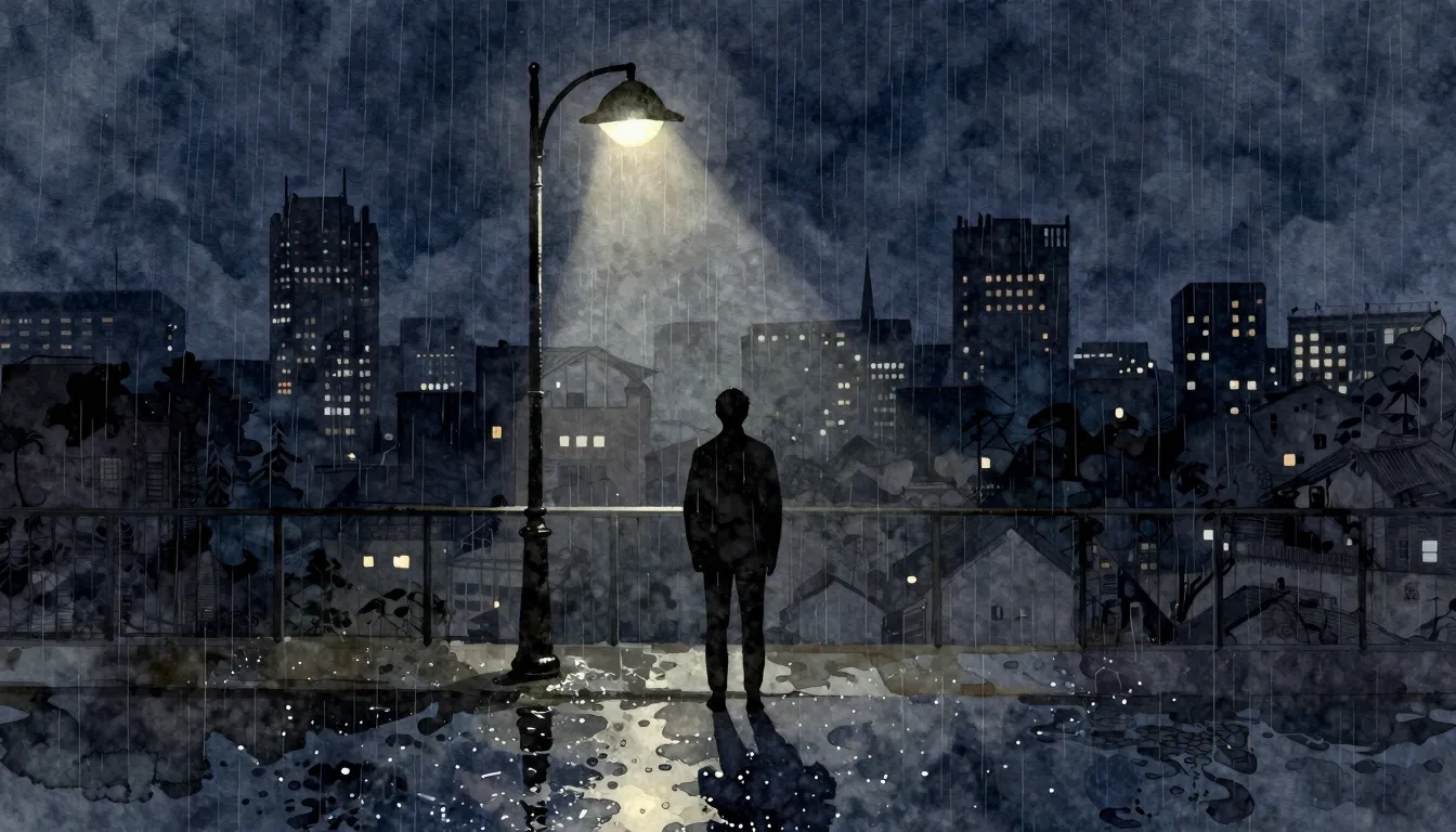 Watercolor style. A lonely silhouette stands under a street ...