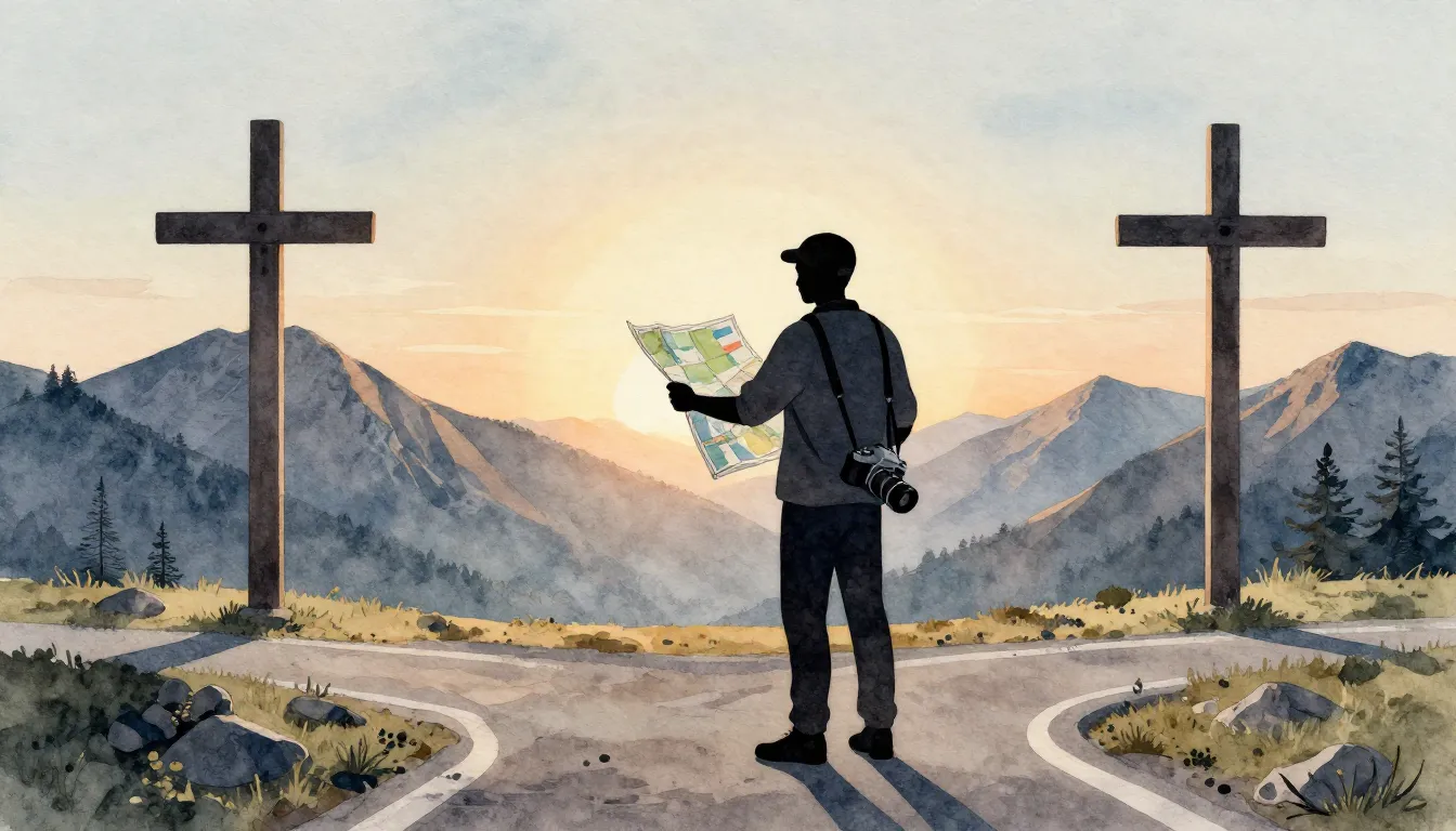 Watercolor style. Silhouette of a traveler holding a large p...