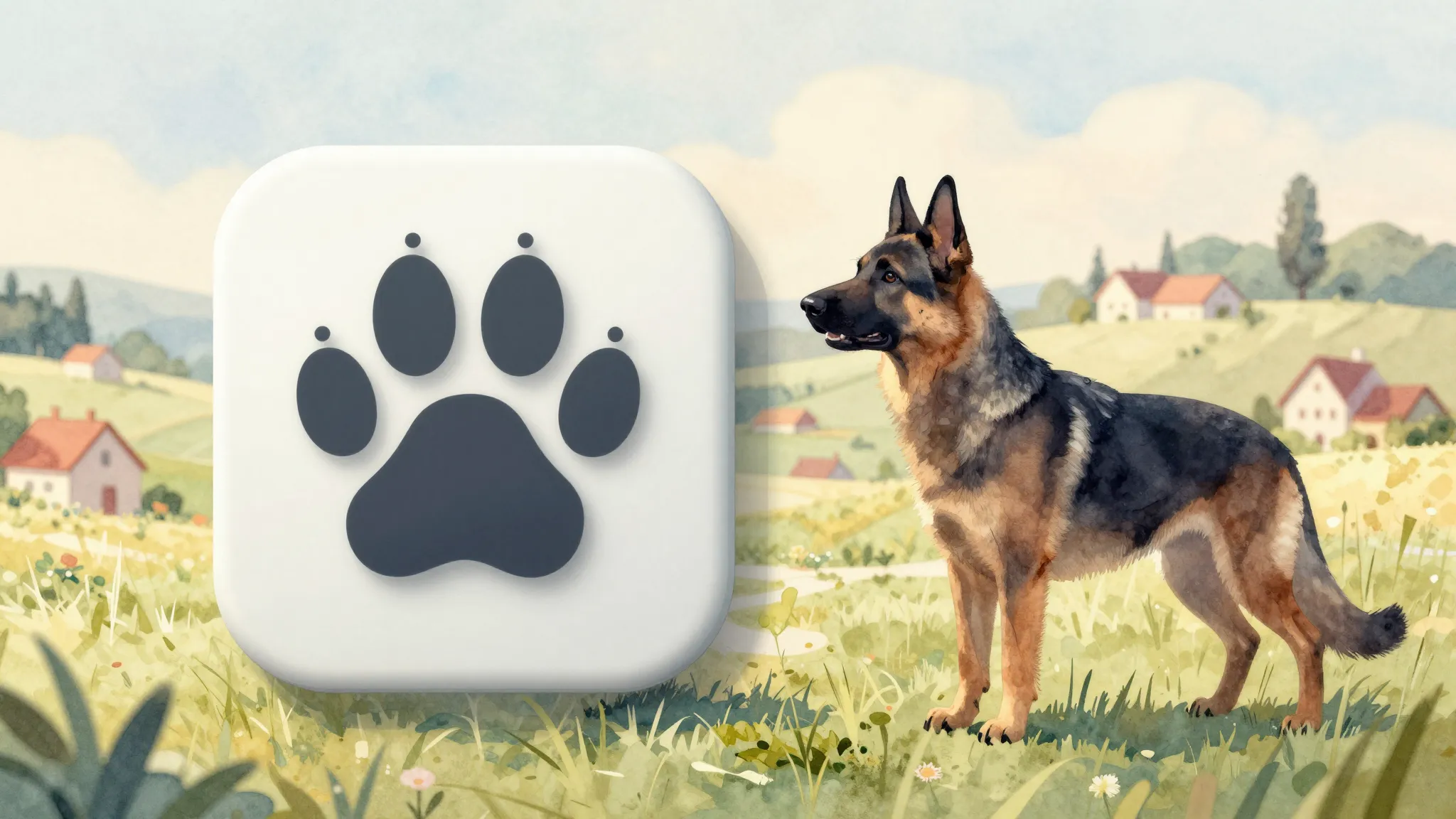 Watercolor style. A stylized map icon with a dog paw print, ...