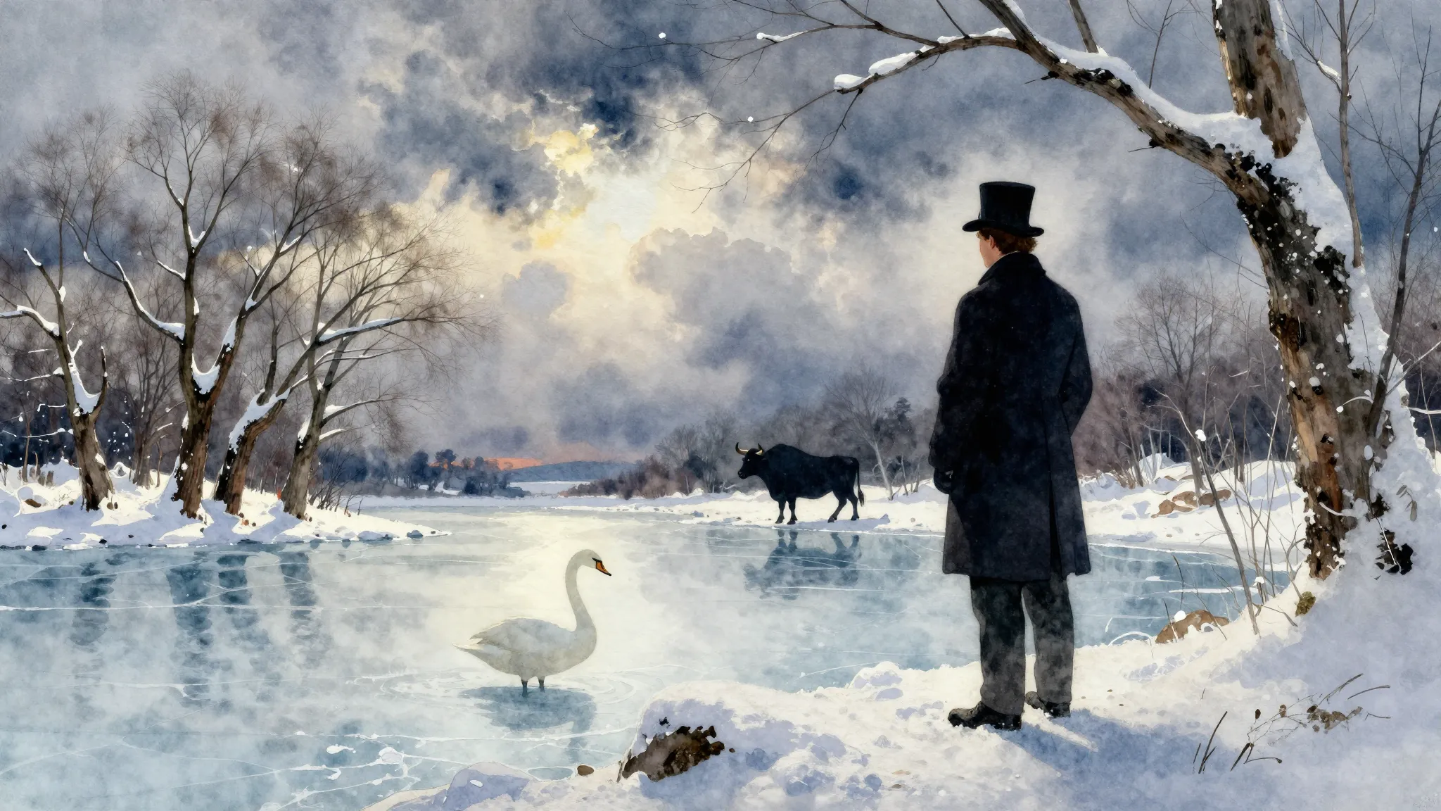 Watercolor style. A dramatic winter landscape, a silhouette ...