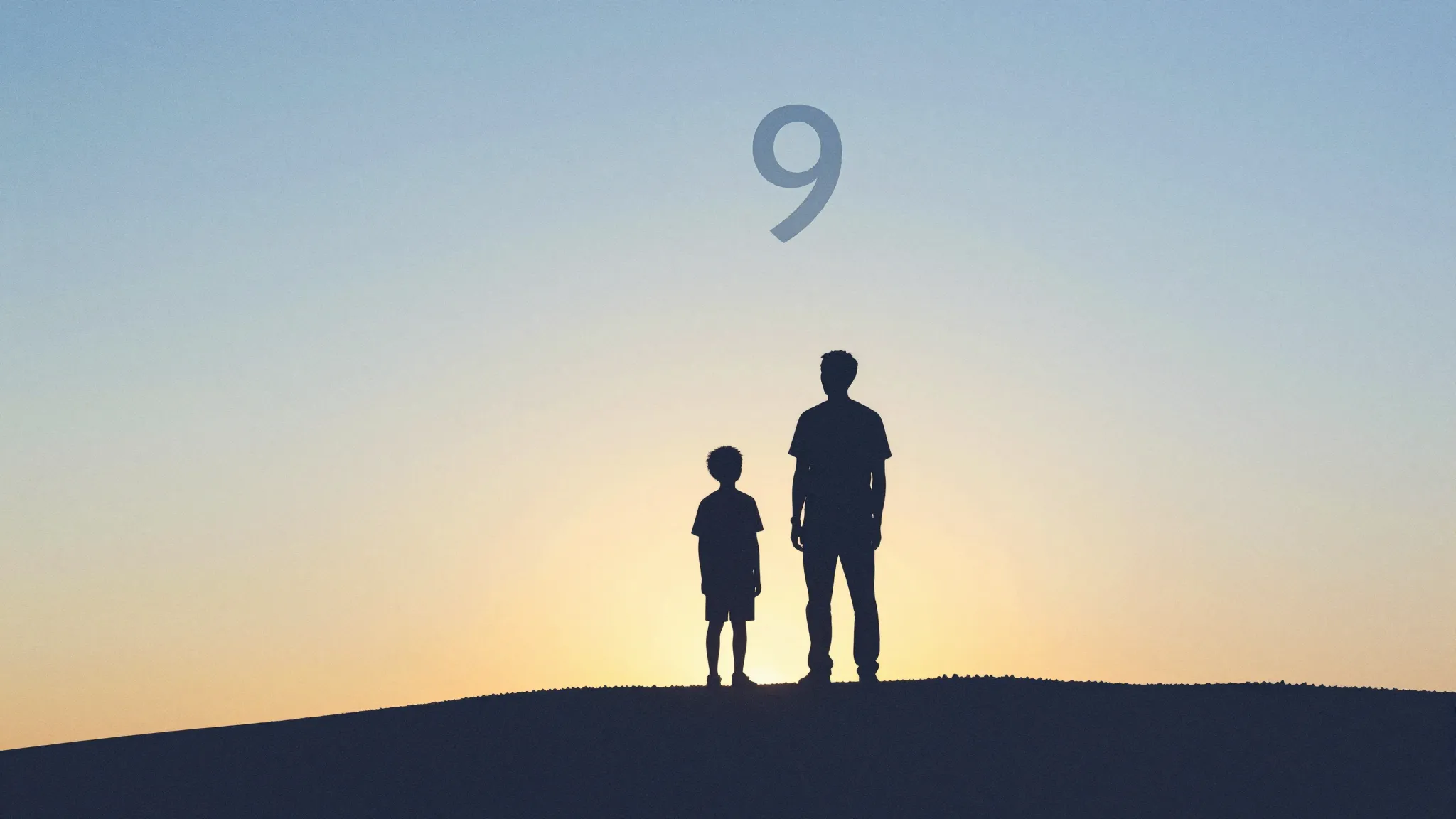 Watercolor style. A silhouette of a father and a teenager st...