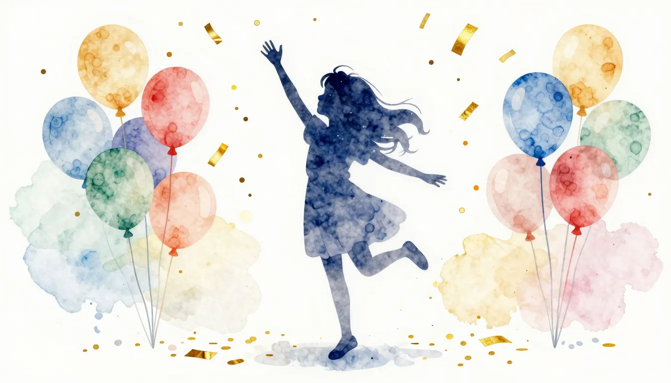 Watercolor style. A silhouette of a joyful girl dancing unde...