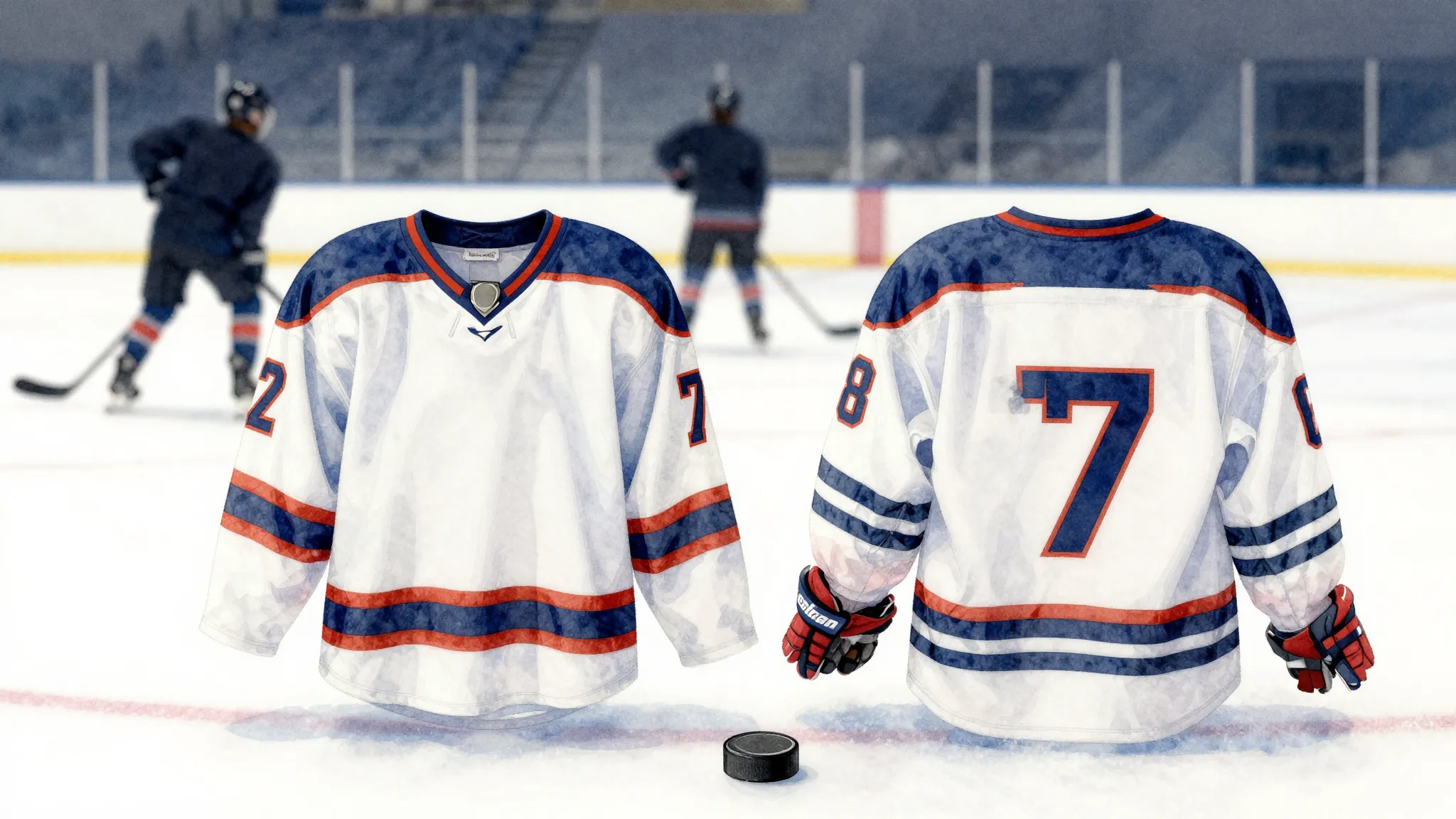 Watercolor style. Two hockey jerseys on a clean ice rink, si...