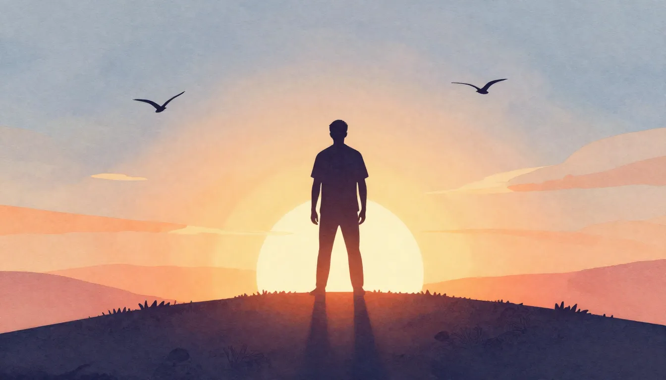 Watercolor style. Silhouette of a man standing on a hill at ...